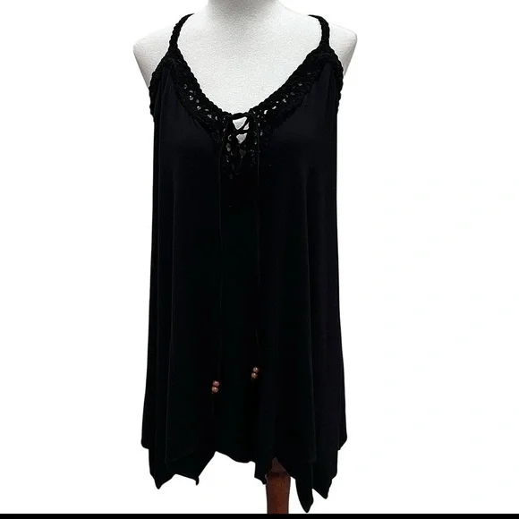 Sky Clothing Black Braided Lace-Up V-Neck Mini Dress Size Medium Made in USA - Picture 2 of 7